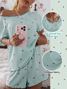 CottageSlumber Conjunto de pijama para mujer con camiseta de manga corta y pantalones cortos, ajuste holgado, acanalado, con estampado de corazones pequeños en color verde - verde menta - Ver 2