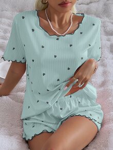 CottageSlumber Conjunto de pijama para mujer con camiseta de manga corta y pantalones cortos, ajuste holgado, acanalado, con estampado de corazones pequeños en color verde - verde menta - Ver 3