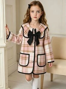 SHEIN Elladie kids 女童格紋蝴蝶結復古大衣，時尚長袖，適合秋冬、假期、校園穿著，格紋與3D蝴蝶結設計 - 粉色 - 查看 3