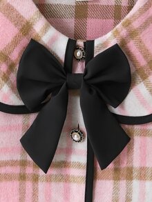 SHEIN Elladie kids 女童格紋蝴蝶結復古大衣，時尚長袖，適合秋冬、假期、校園穿著，格紋與3D蝴蝶結設計 - 粉色 - 查看 12