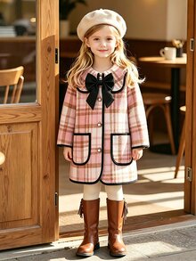 SHEIN Elladie kids 女童格紋蝴蝶結復古大衣，時尚長袖，適合秋冬、假期、校園穿著，格紋與3D蝴蝶結設計 - 粉色 - 查看 4