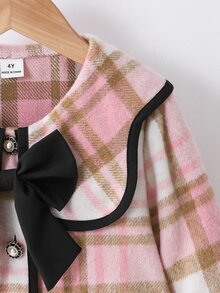 SHEIN Elladie kids 女童格紋蝴蝶結復古大衣，時尚長袖，適合秋冬、假期、校園穿著，格紋與3D蝴蝶結設計 - 粉色 - 查看 10