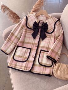 SHEIN Elladie kids 女童格紋蝴蝶結復古大衣，時尚長袖，適合秋冬、假期、校園穿著，格紋與3D蝴蝶結設計 - 粉色 - 查看 1