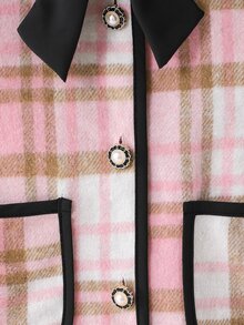 SHEIN Elladie kids 女童格紋蝴蝶結復古大衣，時尚長袖，適合秋冬、假期、校園穿著，格紋與3D蝴蝶結設計 - 粉色 - 查看 7