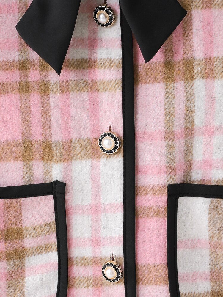 SHEIN Elladie kids Young Girl Plaid Bow Vintage Overcoat, Chic, Long Sleeve, Autumn, Winter, Holiday, School, Plaid And 3D Bow - Pink - View 7