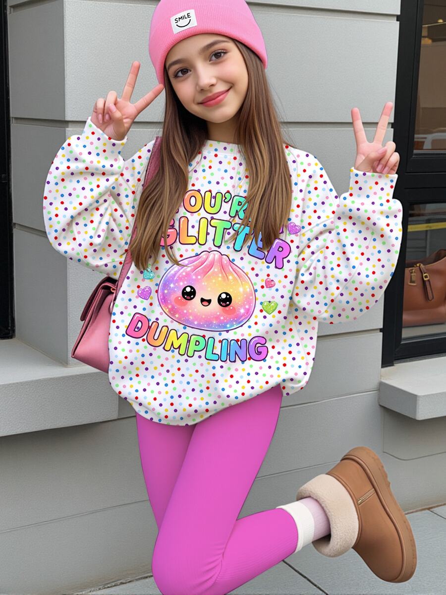 Tween女孩休閒可愛趣味擠壓玩具包包圖案、亮片、水鑽包包、彩色波點印花、甜奶油風圓領長袖衛衣與緊身褲2件套,適合秋冬,舒適女孩套裝,Y2K,Kawaii - 彩色 - 查看 1