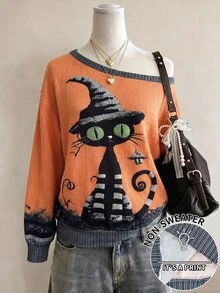 Collagica Collagica Women's Halloween Cat Pattern Top Night Grey Fall Y2k Cute - White - View 1