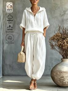 SHEIN Women's Solid Color Drop Shoulder Short Sleeve Zipper Half-Placket Hooded Top And Lantern Pants Casual 2-Piece Set - White - View 1