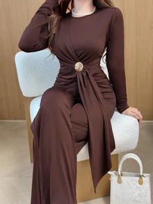 Feyla New Design Asymmetrical Ribbon & Metal Buckle Decor Waist-Cinching Slimming Straight Leg Pants Set, Versatile For Daily Wear And Commuting - Brown - View 5