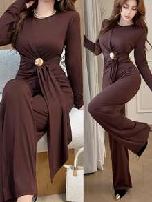 Feyla New Design Asymmetrical Ribbon & Metal Buckle Decor Waist-Cinching Slimming Straight Leg Pants Set, Versatile For Daily Wear And Commuting - Brown - View 3