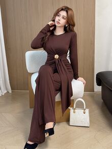 Feyla New Design Asymmetrical Ribbon & Metal Buckle Decor Waist-Cinching Slimming Straight Leg Pants Set, Versatile For Daily Wear And Commuting - Brown - View 2