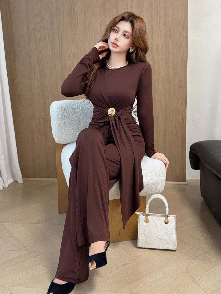 Feyla New Design Asymmetrical Ribbon & Metal Buckle Decor Waist-Cinching Slimming Straight Leg Pants Set, Versatile For Daily Wear And Commuting