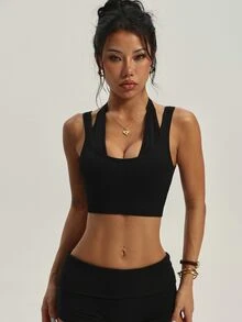 Slayform Slayform Seamless Knit 2 In 1 Women's Sports Bra Gym Workout Black Summer Sexy - Black - View 4