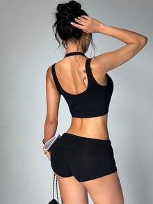 Slayform Slayform Seamless Knit 2 In 1 Women's Sports Bra Gym Workout Black Summer Sexy - Black - View 5