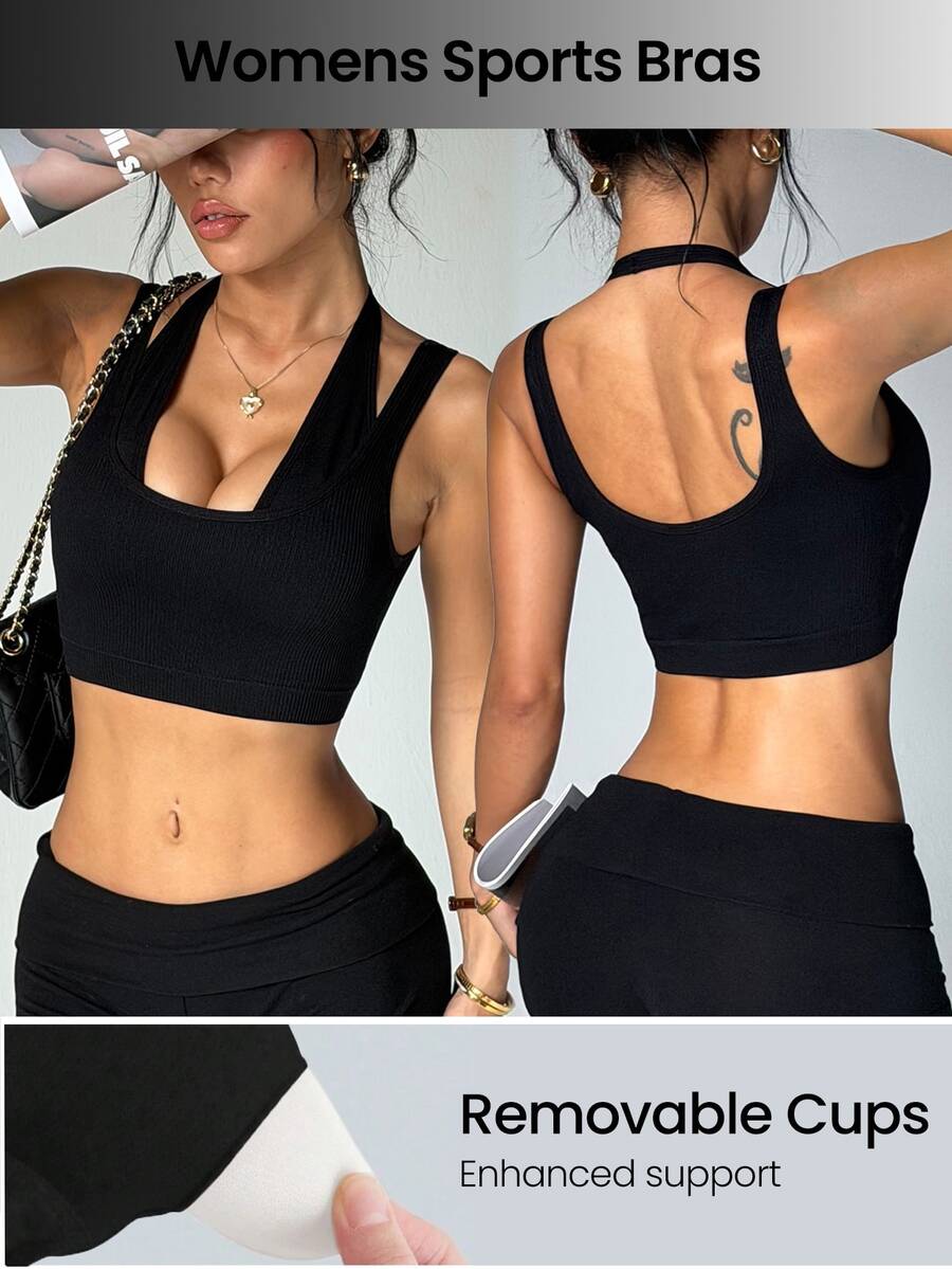 Slayform Slayform Seamless Knit 2 In 1 Women's Sports Bra Gym Workout Black Summer Sexy - Black - View 1