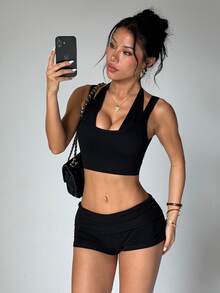 Slayform Slayform Seamless Knit 2 In 1 Women's Sports Bra Gym Workout Black Summer Sexy - Black - View 2