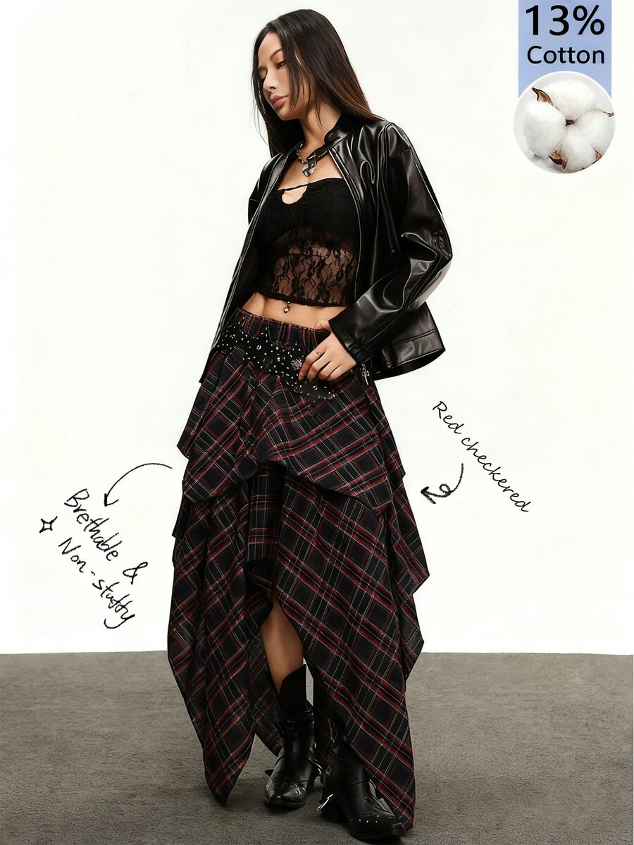 Rina Fox Women's Elastic Waist Plaid Asymmetric Hem Casual Skirt