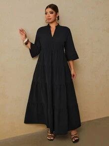 Travachic 大尺碼女款黑色純棉長袖洋裝，秋冬款 - 黑色 - 查看 6