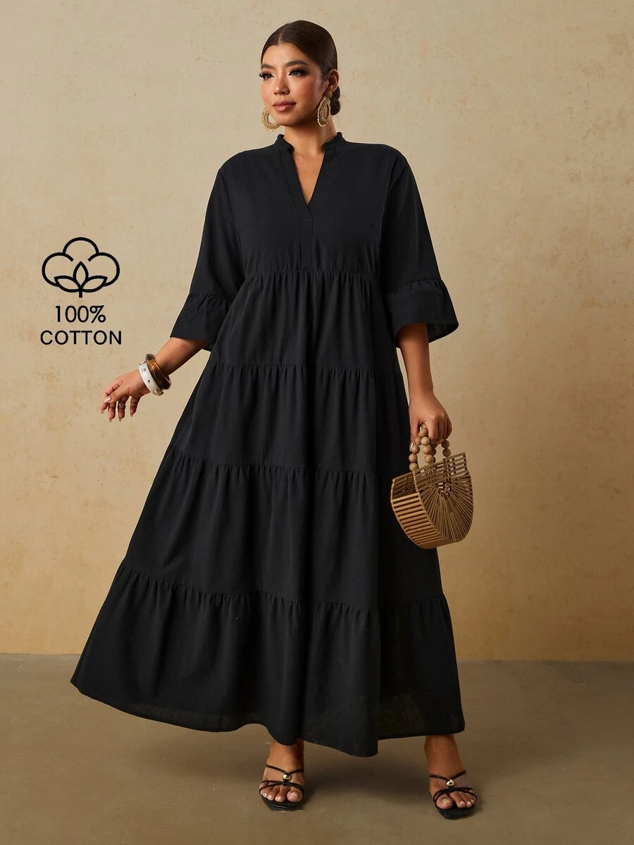 Travachic Đầm tay dài cotton nguyên chất màu đen cho nữ size lớn, mùa thu/đông - màu đen - Xem 1