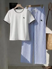 Comfortcana 女款騎士圖案印花短袖T恤與抽繩腰藍白條紋長褲休閒兩件套 夏季夜生活穿搭 - 藍色 - 查看 3