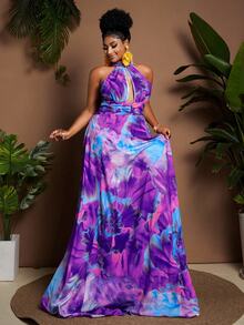 Maweii Plus Size Vacation Fashion All-Over Print High Slit Halter Neck Dress - Multicolor - View 5