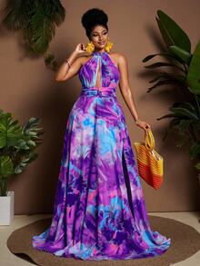 Maweii Plus Size Vacation Fashion All-Over Print High Slit Halter Neck Dress - Multicolor - View 6