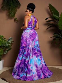 Maweii Plus Size Vacation Fashion All-Over Print High Slit Halter Neck Dress - Multicolor - View 4