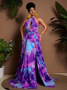 Maweii Plus Size Vacation Fashion All-Over Print High Slit Halter Neck Dress - Multicolor - View 3