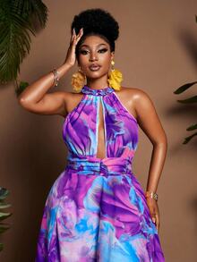 Maweii Plus Size Vacation Fashion All-Over Print High Slit Halter Neck Dress - Multicolor - View 2