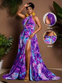Maweii Plus Size Vacation Fashion All-Over Print High Slit Halter Neck Dress - Multicolor - View 1