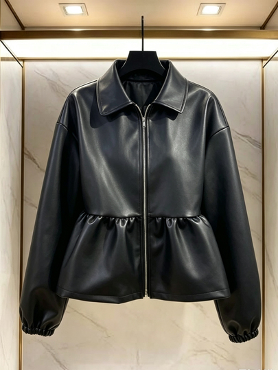 FRIFUL Women's Solid Color PU Leather Long Sleeve Zipper Front Regular Jacket