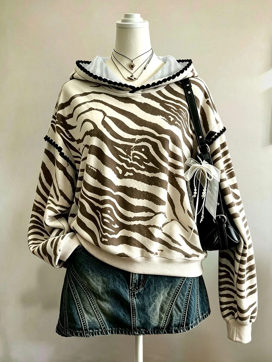 Lalippa 女款棕色斑馬紋長袖連帽衛衣,秋季新款上衣,校園休閒穿搭,送給朋友的禮物 - 彩色 - 查看 1