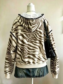 Lalippa 女款棕色斑馬紋長袖連帽衛衣，秋季新款上衣，校園休閒穿搭，送給朋友的禮物 - 彩色 - 查看 2