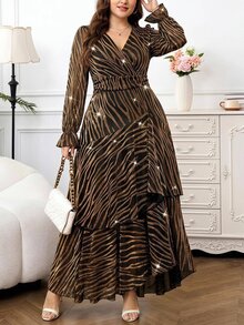 SHEIN Clasi 大尺碼斑馬條紋荷葉袖層次下擺洋裝 - 金色 - 查看 4