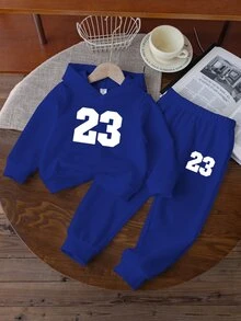 SHEIN 2 件套年轻男孩字母印花休闲运动连帽衫和运动裤套装，适合秋冬季 - 藍色 - 查看 3