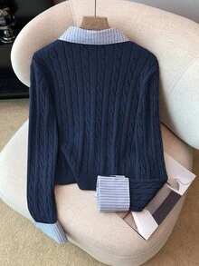 Franclia Blogger 風格 2 合 1 拼接針織短版開襟衫，女款海軍藍，秋季優雅日常返校穿搭，歐式麻花領毛衣 - 藍色 - 查看 3