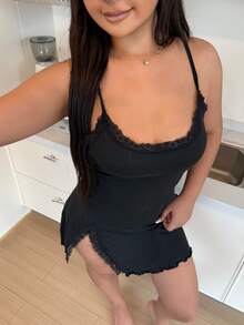 ZzzCrew Plus Size Fitted Lace Patchwork Slit Hem Sexy Mini Slip Dress Black Nightgown Lace Trim Dress - Black - View 3