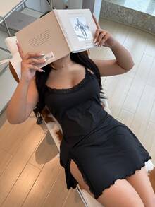 ZzzCrew Plus Size Fitted Lace Patchwork Slit Hem Sexy Mini Slip Dress Black Nightgown Lace Trim Dress - Black - View 5