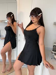 ZzzCrew Plus Size Fitted Lace Patchwork Slit Hem Sexy Mini Slip Dress Black Nightgown Lace Trim Dress - Black - View 4