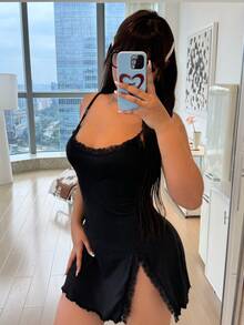 ZzzCrew Plus Size Fitted Lace Patchwork Slit Hem Sexy Mini Slip Dress Black Nightgown Lace Trim Dress - Black - View 1