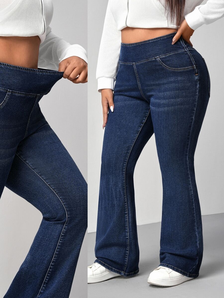 SHEIN Tall CURVE 女款高個大尺碼時尚彈性腰口袋喇叭牛仔褲，海軍藍，秋季牛仔女郎穿搭，適合返校、度假、海灘俱樂部休閒場合