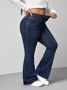 SHEIN Tall CURVE Jeans de Mezclilla Acampanados con Cintura Elástica y Bolsillos Talla Grande Alta Moda Verano Atuendos de Vaquera para Mujeres Azul Marino Regreso a la Escuela Vacaciones Playa Casual Holgado - Azul - Ver 5