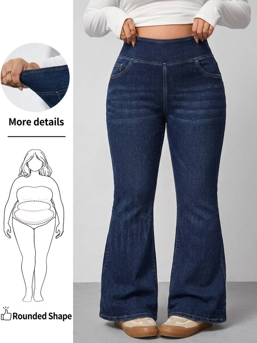 SHEIN Tall CURVE Jeans de Mezclilla Acampanados con Cintura Elástica y Bolsillos Talla Grande Alta Moda Verano Atuendos de Vaquera para Mujeres Azul Marino Regreso a la Escuela Vacaciones Playa Casual Holgado