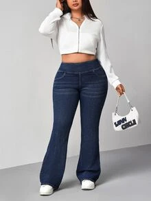 SHEIN Tall CURVE Jeans de Mezclilla Acampanados con Cintura Elástica y Bolsillos Talla Grande Alta Moda Verano Atuendos de Vaquera para Mujeres Azul Marino Regreso a la Escuela Vacaciones Playa Casual Holgado - Azul - Ver 7