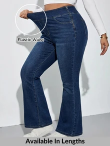SHEIN Tall CURVE Jeans de Mezclilla Acampanados con Cintura Elástica y Bolsillos Talla Grande Alta Moda Verano Atuendos de Vaquera para Mujeres Azul Marino Regreso a la Escuela Vacaciones Playa Casual Holgado - Azul - Ver 10
