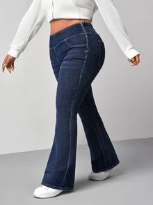 SHEIN Tall CURVE Jeans de Mezclilla Acampanados con Cintura Elástica y Bolsillos Talla Grande Alta Moda Verano Atuendos de Vaquera para Mujeres Azul Marino Regreso a la Escuela Vacaciones Playa Casual Holgado - Azul - Ver 8