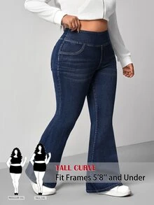 SHEIN Tall CURVE Jeans de Mezclilla Acampanados con Cintura Elástica y Bolsillos Talla Grande Alta Moda Verano Atuendos de Vaquera para Mujeres Azul Marino Regreso a la Escuela Vacaciones Playa Casual Holgado - Azul - Ver 9