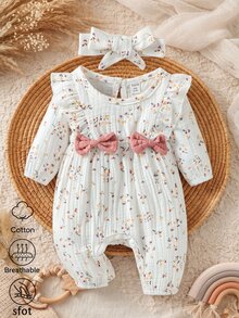 Souflis Souflis 0‑6M 嬰兒女寶寶花卉連身衣套裝，皺紋穆斯林長袖蝴蝶結荷葉邊連身褲，附配套印花髮帶，可愛嬰兒套裝 - 白色 - 查看 7