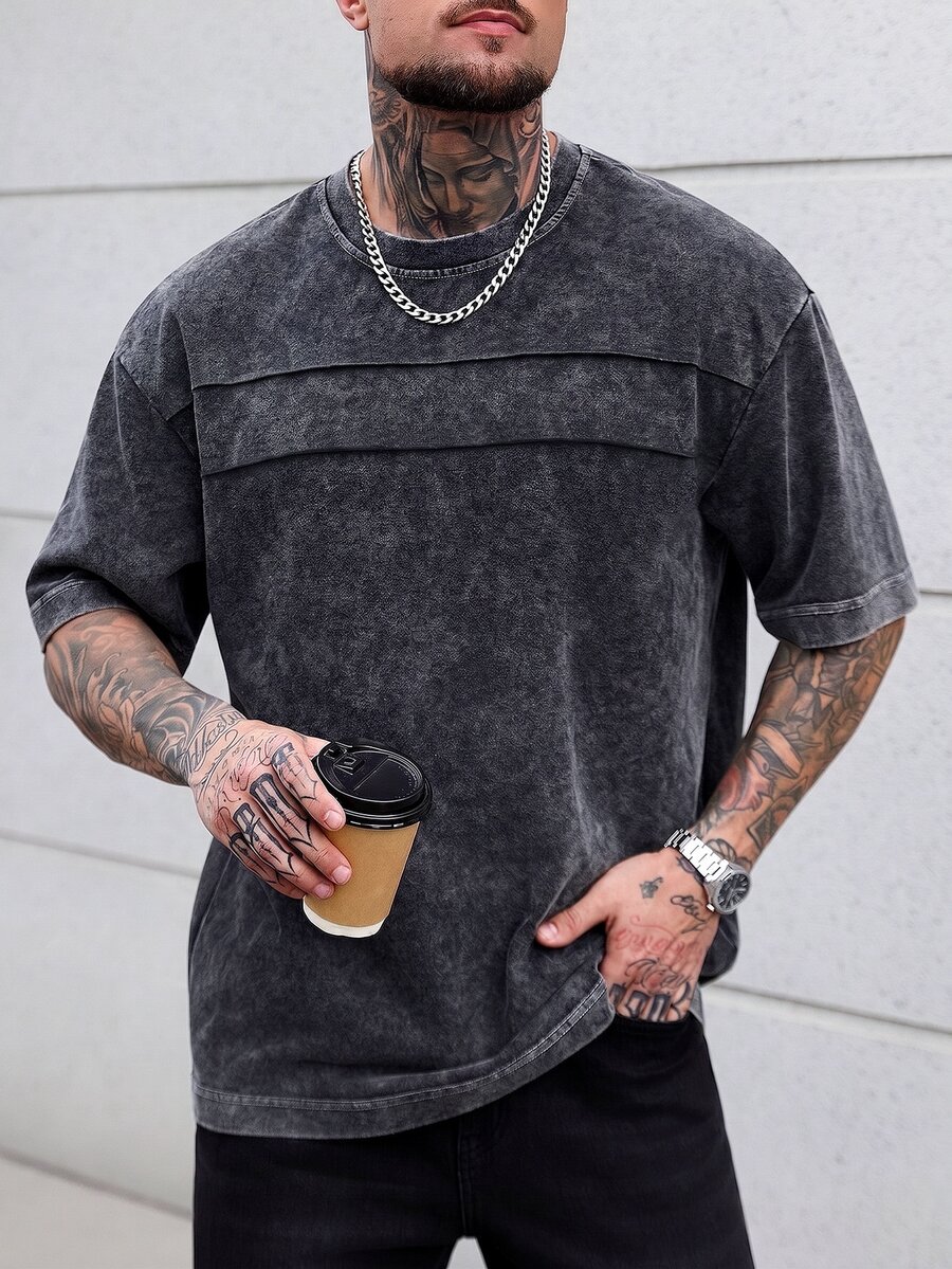 SLATEMANN 男士圓領短袖破舊風休閒百搭T恤 - 黑色 - 查看 1