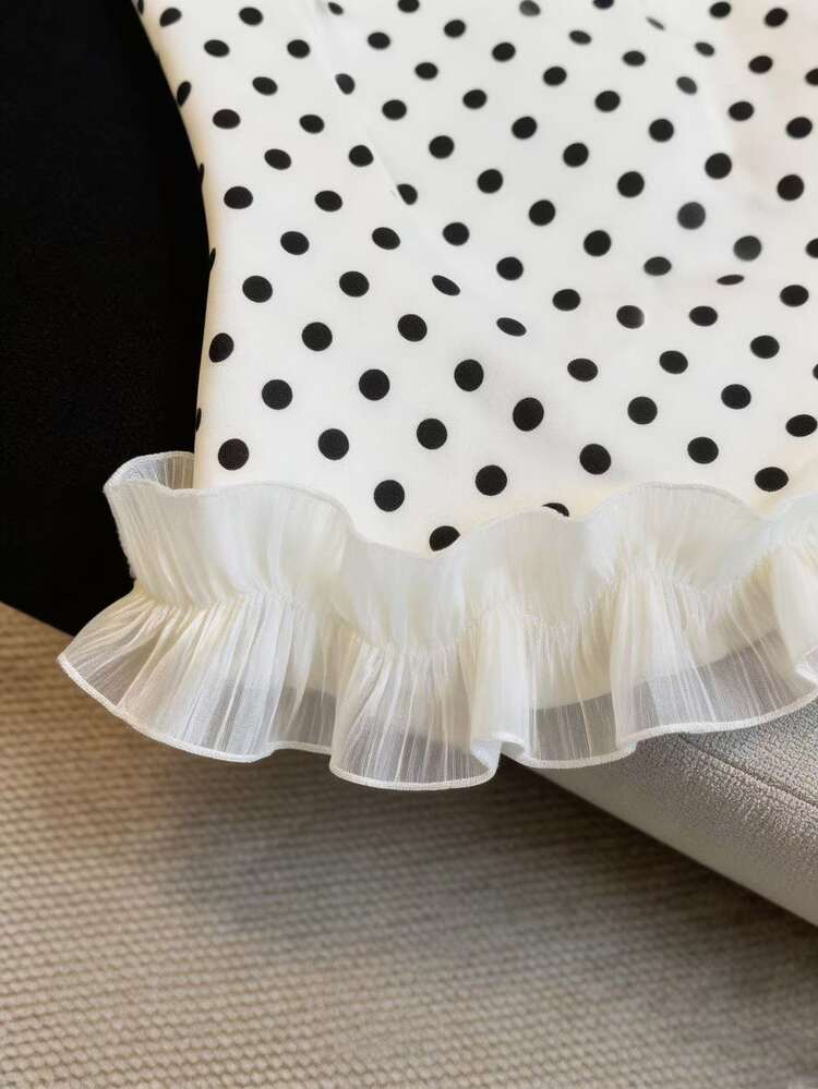 SHEIN Women's White And Black Polka Dot And Polka Dot Square Neck Ruffle Hem Sleeveless Elegant Cute 1960s Vintage Dress Day Party Brunch Everyday Summer - White - View 4